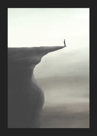 Minimalistisk illustration af person på klippeafsats i grå toner-5