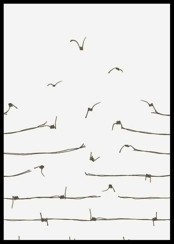 Line illustration of barbed wire turning into flying birds-12