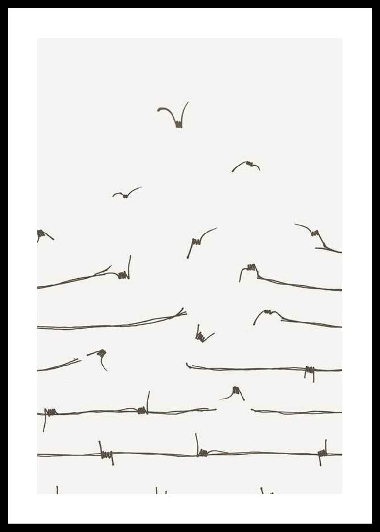 Line illustration of barbed wire turning into flying birds-12
