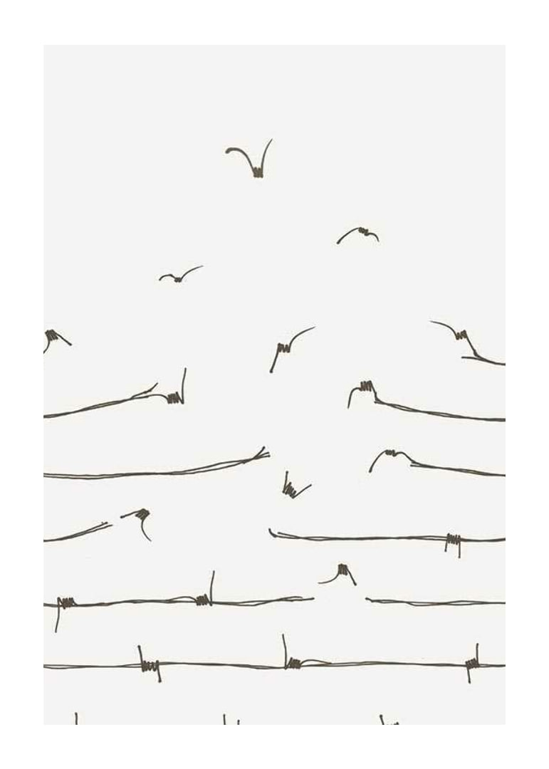 Line illustration of barbed wire turning into flying birds-12