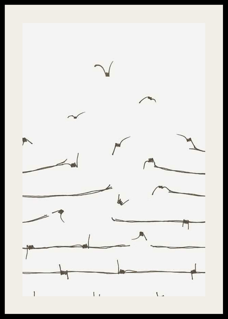 Line illustration of barbed wire turning into flying birds-12