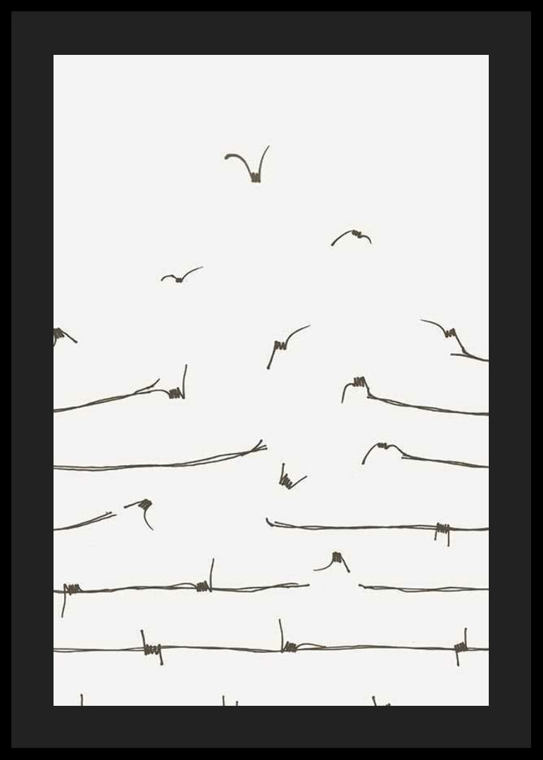 Line illustration of barbed wire turning into flying birds-12
