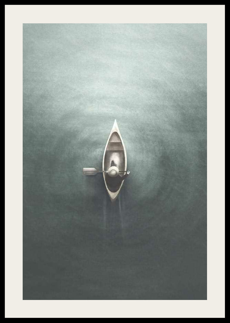 Acuarelă cu o barcă cu vâsle văzută de sus pe apă liniștită-12