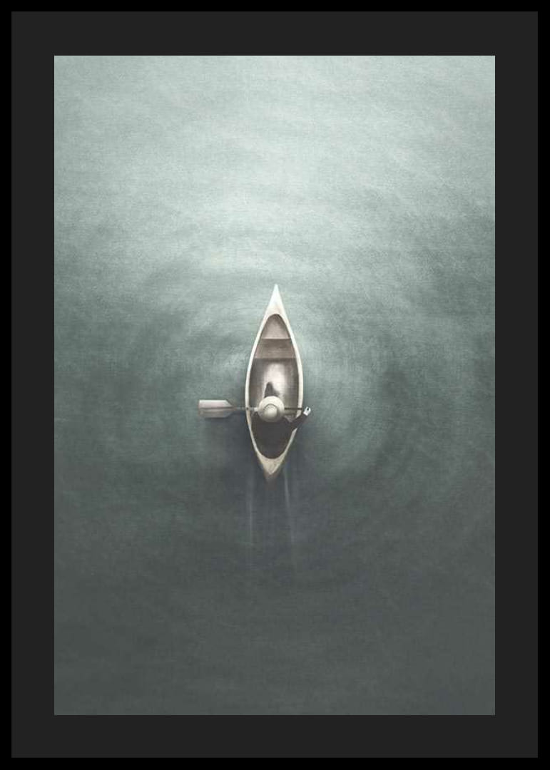 Acuarelă cu o barcă cu vâsle văzută de sus pe apă liniștită-12