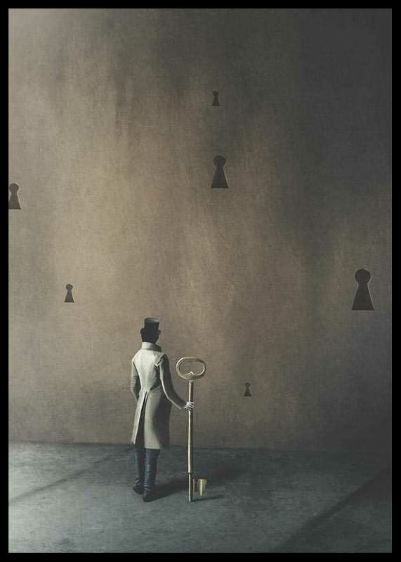 Surreal scene with man in coat and large key against brown wall-12