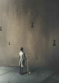 Surreal scene with man in coat and large key against brown wall-7