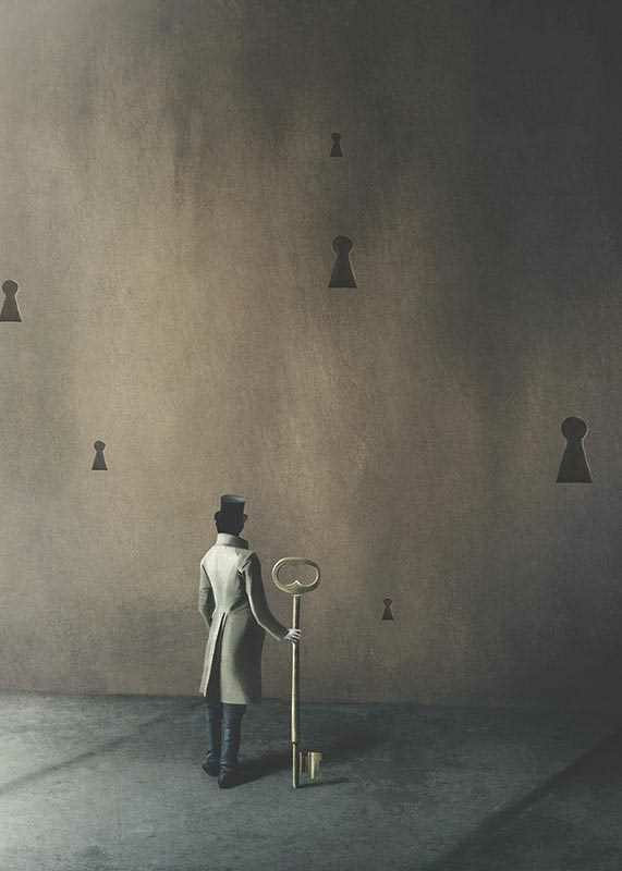 Surreal scene with man in coat and large key against brown wall-12