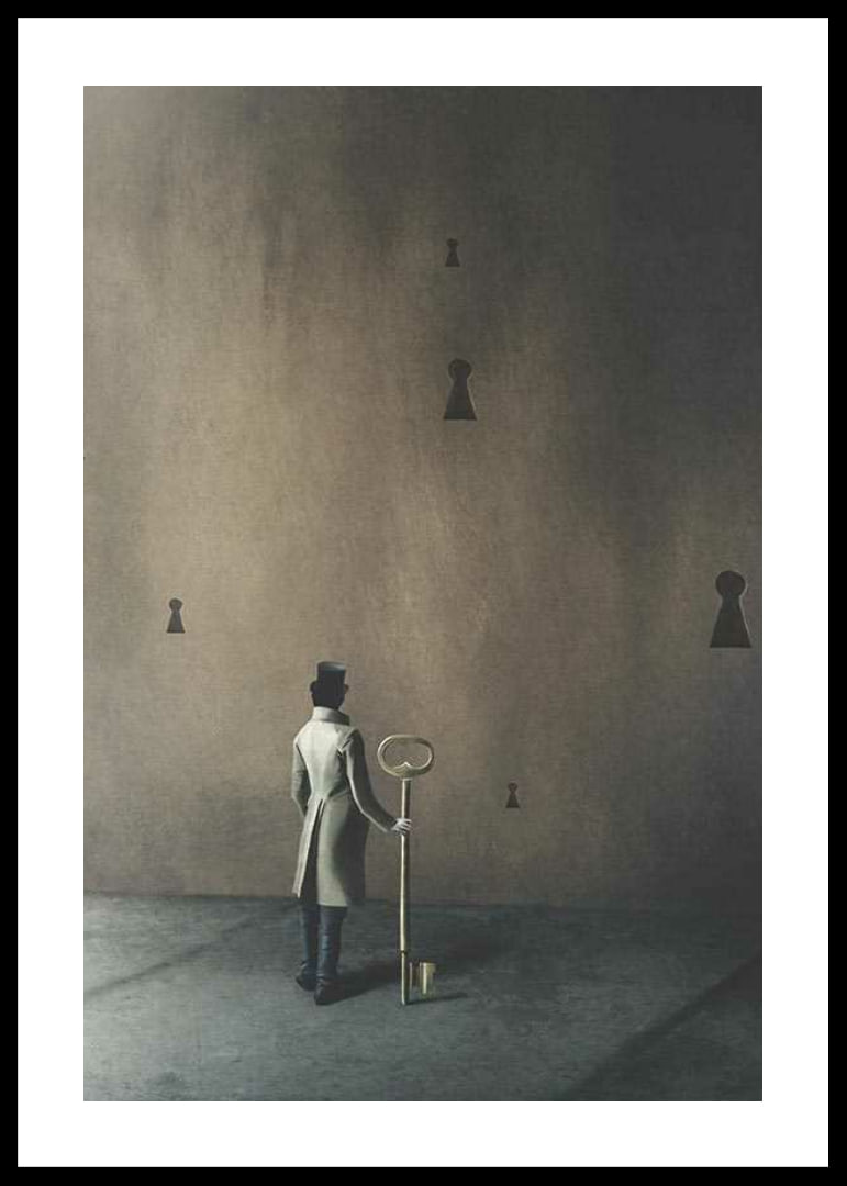 Surreal scene with man in coat and large key against brown wall-12