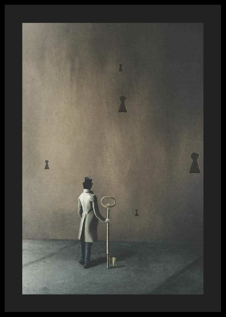 Surreal scene with man in coat and large key against brown wall-12