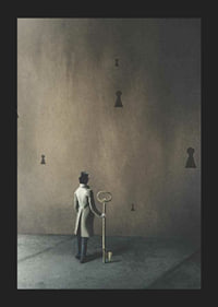 Surreal scene with man in coat and large key against brown wall-5