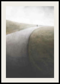 Akvarel af ensom figur på snoet landevej i tåge-2