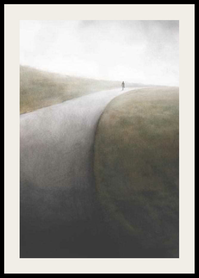 Akvarel af ensom figur på snoet landevej i tåge-12