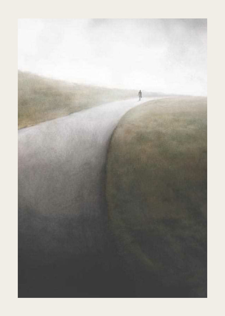 Akvarel af ensom figur på snoet landevej i tåge-12