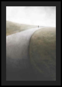 Akvarel af ensom figur på snoet landevej i tåge-4