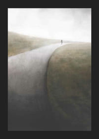 Akvarel af ensom figur på snoet landevej i tåge-5