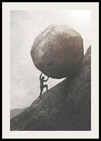 Silhouette of man pushing large rock up mountain slope-2