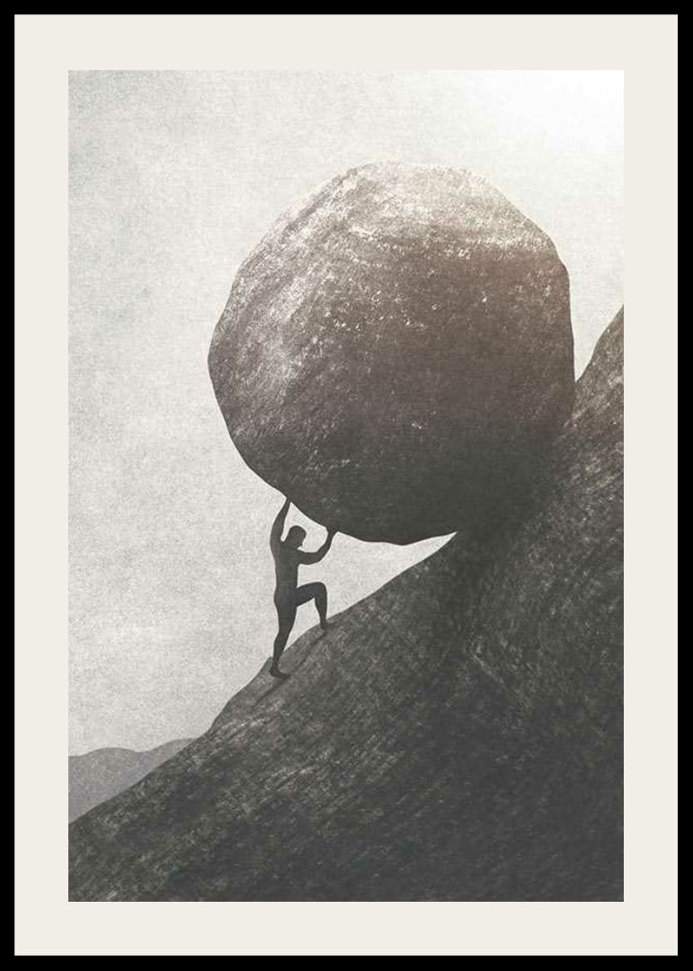 Silhouette of man pushing large rock up mountain slope-12