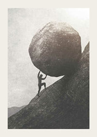 Silhouette of man pushing large rock up mountain slope-3