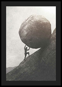 Silhouette of man pushing large rock up mountain slope-4