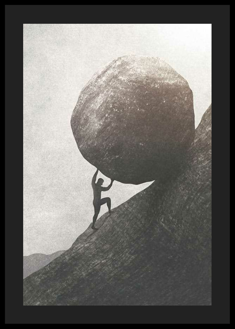 Silhouette of man pushing large rock up mountain slope-12