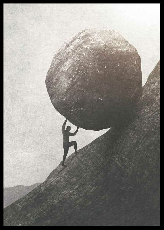 Silhouette of man pushing large rock up mountain slope-12