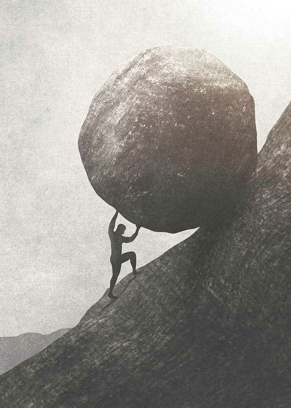 Silhouette of man pushing large rock up mountain slope-12