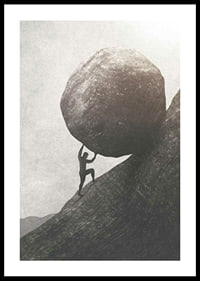 Silhouette of man pushing large rock up mountain slope-0