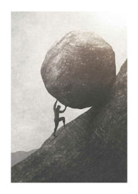 Silhouette of man pushing large rock up mountain slope-1