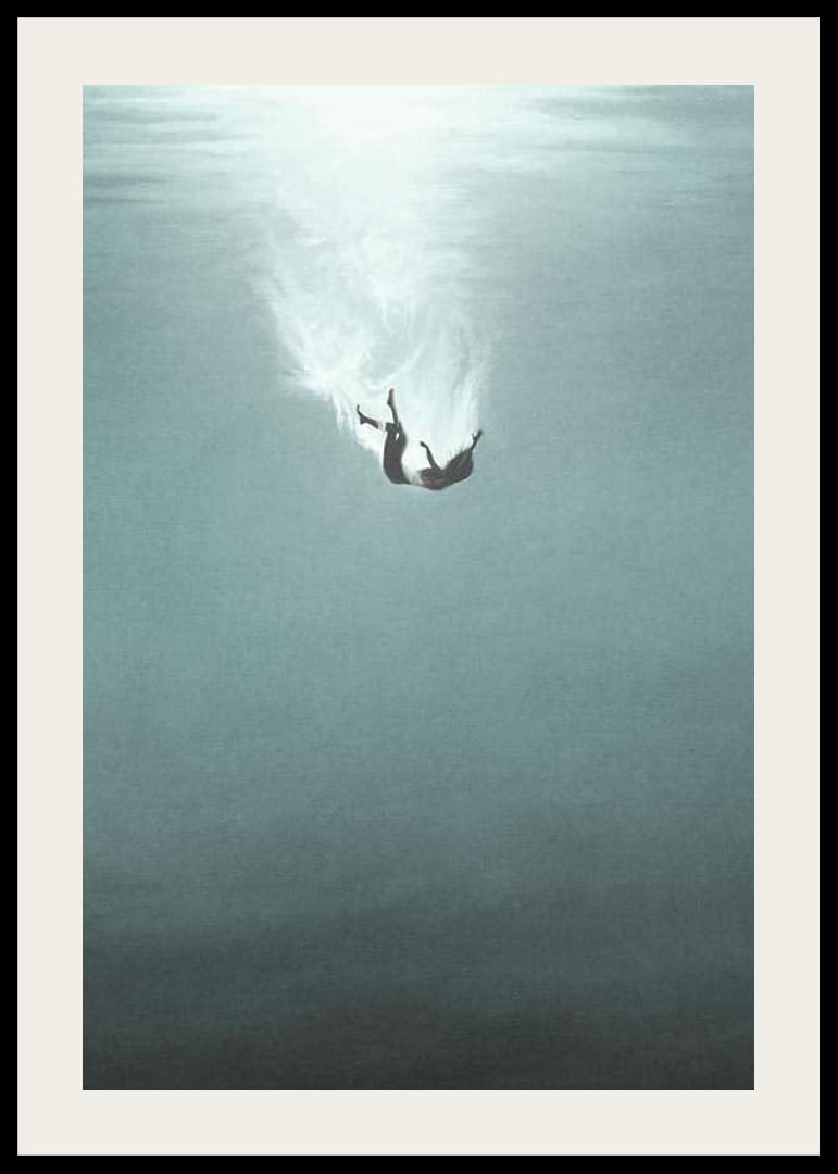 Illustrated woman sinking underwater in blue tones-12