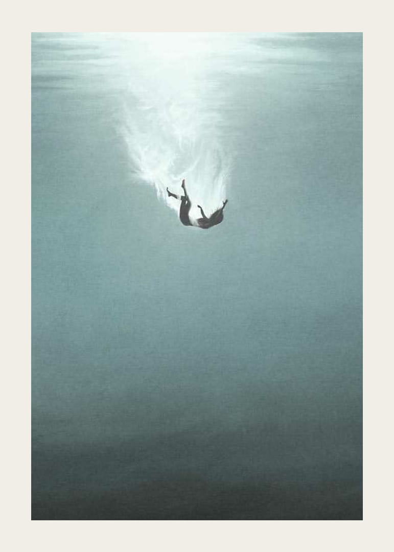 Illustrated woman sinking underwater in blue tones-12