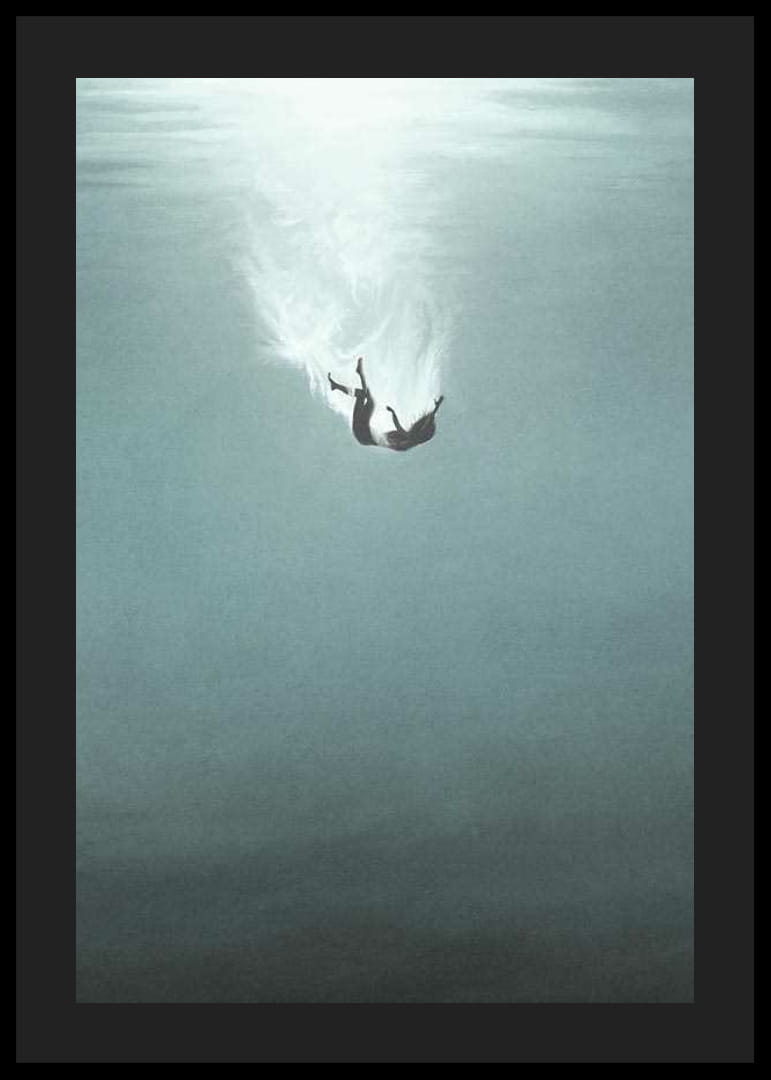 Illustrated woman sinking underwater in blue tones-12