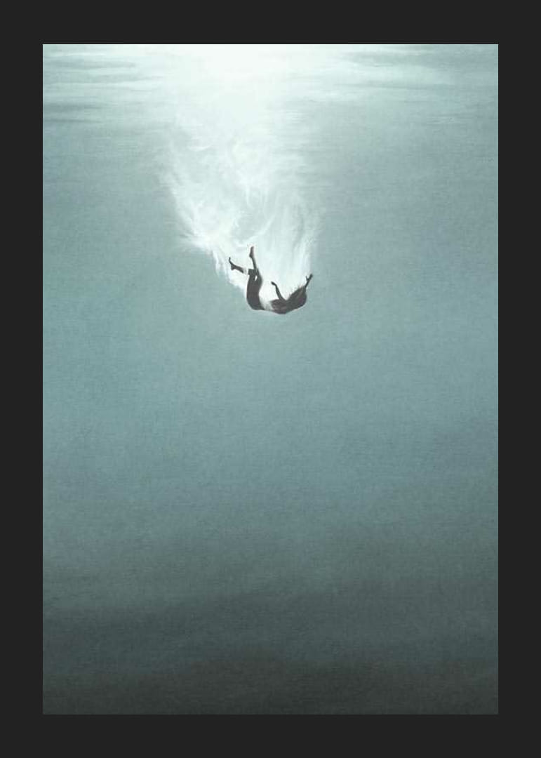 Illustrated woman sinking underwater in blue tones-12