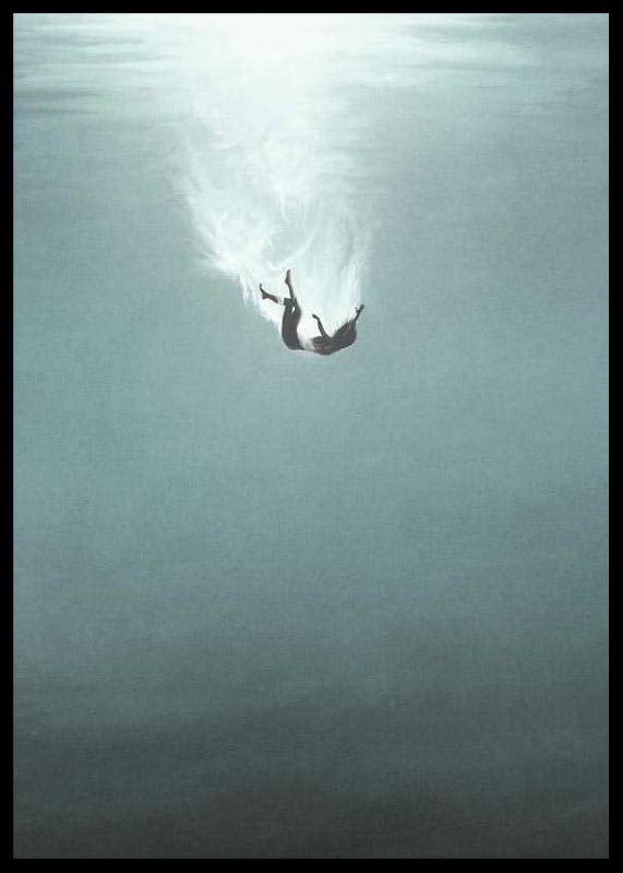 Illustrated woman sinking underwater in blue tones-12
