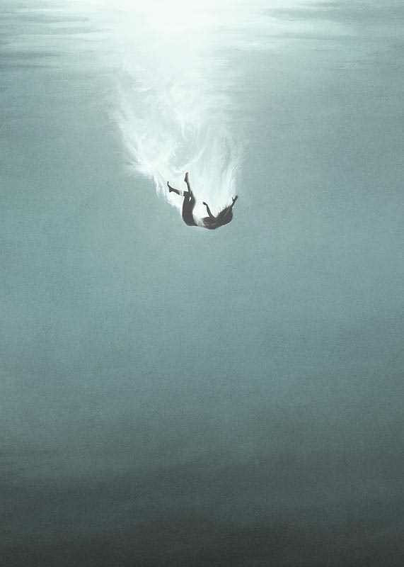 Illustrated woman sinking underwater in blue tones-12