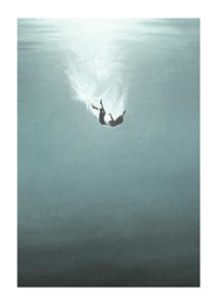 Illustrated woman sinking underwater in blue tones-1