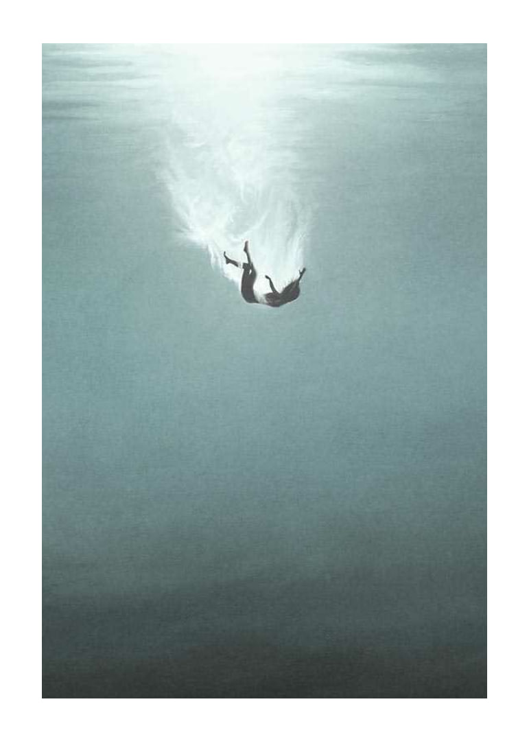Illustrated woman sinking underwater in blue tones-12