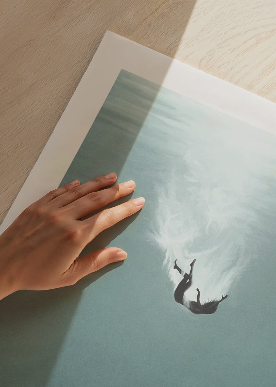 Illustrated woman sinking underwater in blue tones-12