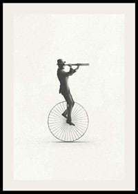 Illustration of man on unicycle with hat and binoculars, black and white-2
