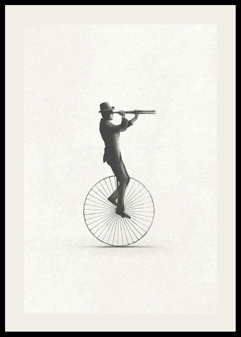 Illustration of man on unicycle with hat and binoculars, black and white-12
