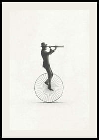 Ilustrácia muža na jednokolke s klobúkom a ďalekohľadom, čiernobiela-2