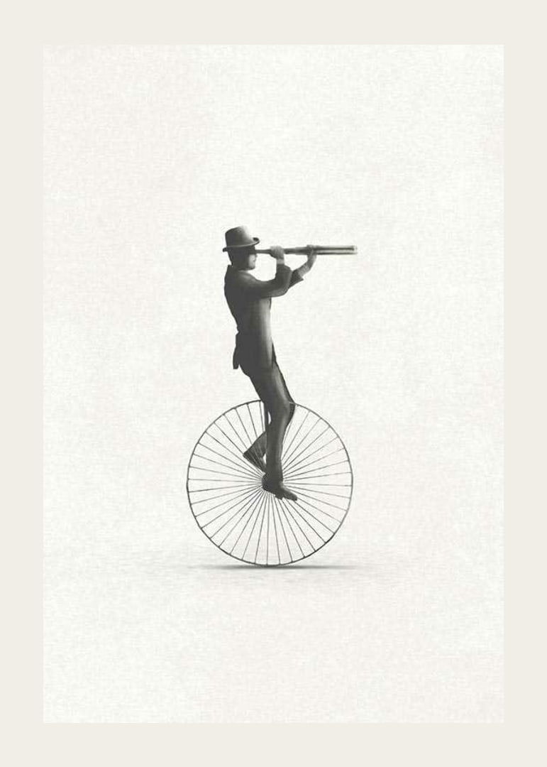 Illustration of man on unicycle with hat and binoculars, black and white-12