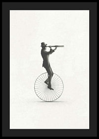 Illustration of man on unicycle with hat and binoculars, black and white-4