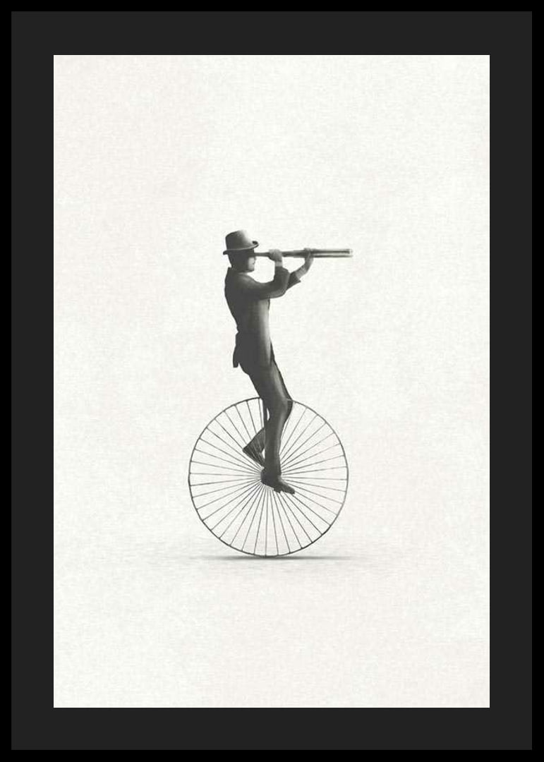Illustration of man on unicycle with hat and binoculars, black and white-12