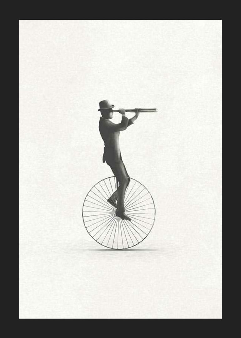 Ilustrácia muža na jednokolke s klobúkom a ďalekohľadom, čiernobiela-12