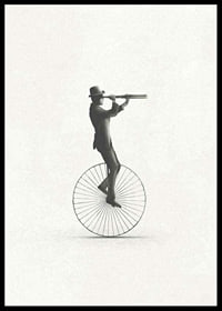 Illustration of man on unicycle with hat and binoculars, black and white-6
