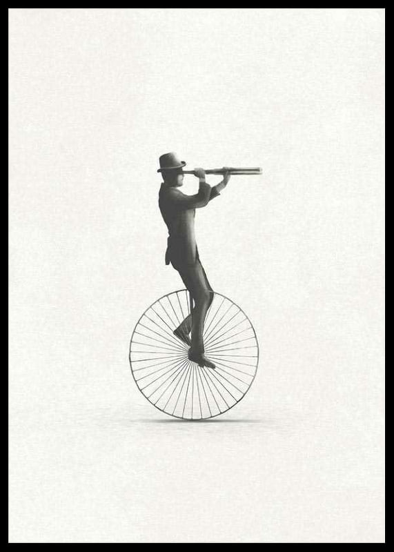 Illustration of man on unicycle with hat and binoculars, black and white-12