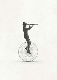 Illustration of man on unicycle with hat and binoculars, black and white-7