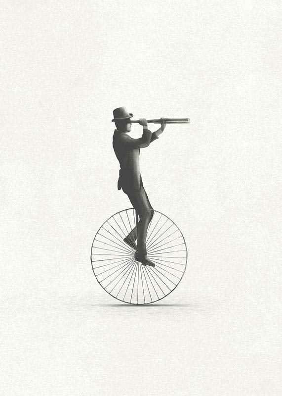Illustration of man on unicycle with hat and binoculars, black and white-12