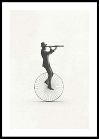 Illustration of man on unicycle with hat and binoculars, black and white-0