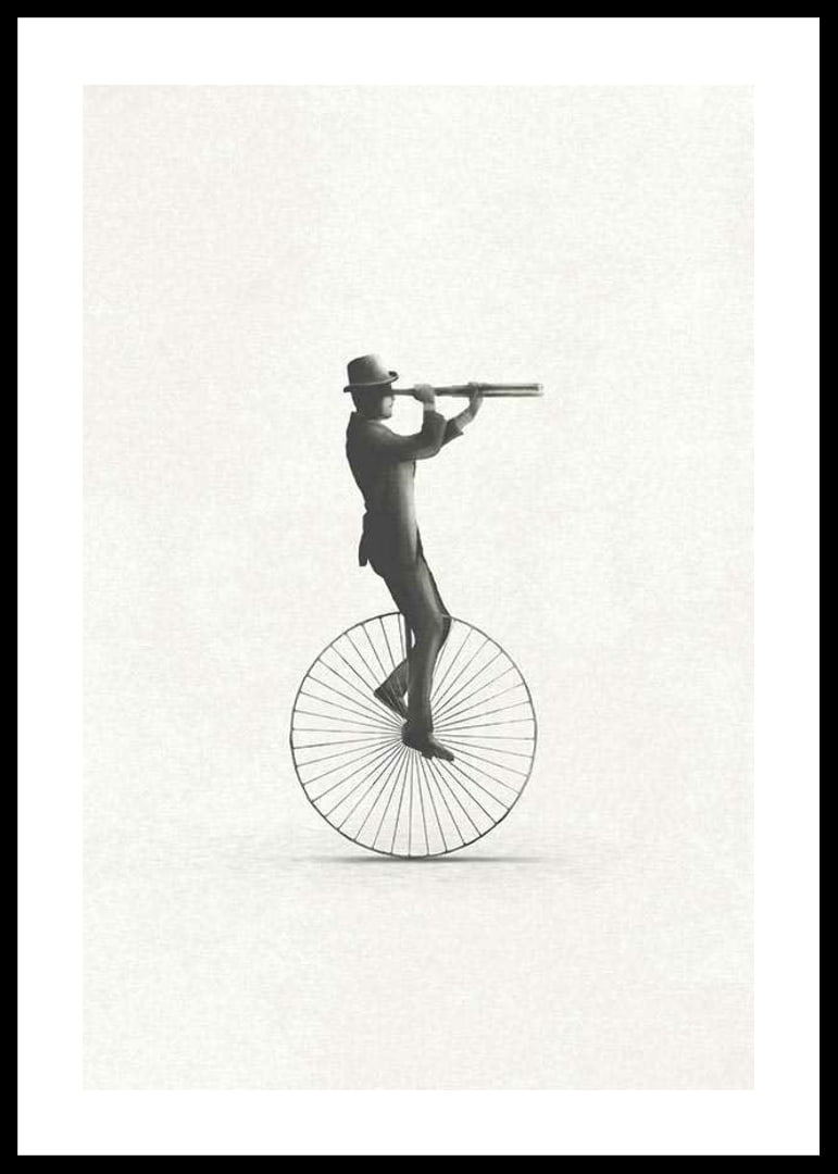 Illustration of man on unicycle with hat and binoculars, black and white-12